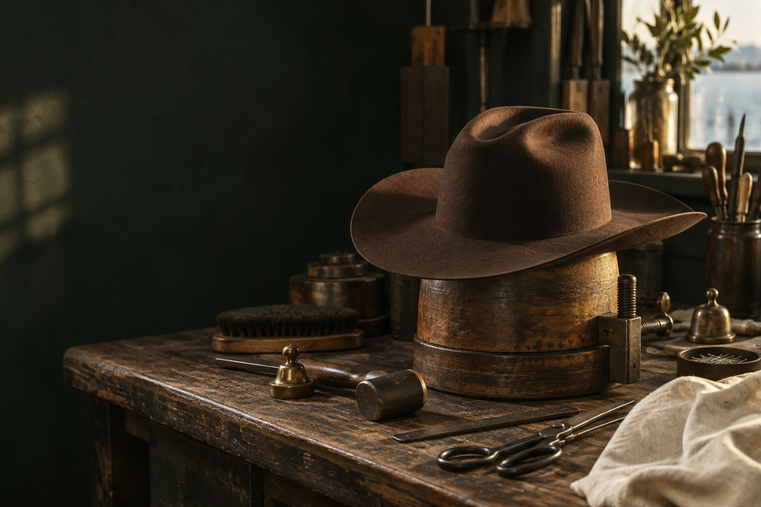 Conceptual scene of a western fur-felt hat on a block in a traditional hatmaker's workshop